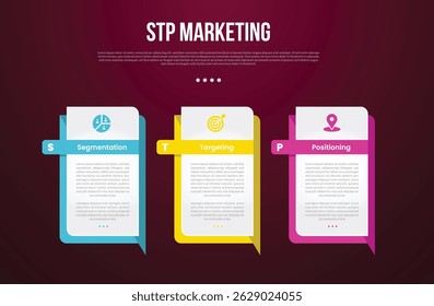 STP modelo de infográfico de marketing com caixa retangular criativa com fundo de texto explicativo nítido com estilo de fundo escuro com 3 pontos para vetor de apresentação de slides