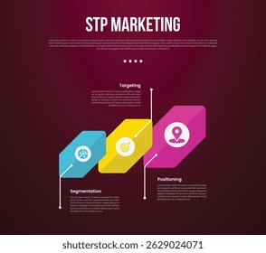 STP marketing infographic template with creative rotated hexagon with line pointing direction with dark background style with 3 point for slide presentation vector