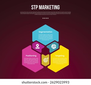 STP marketing infographic template with cycle circular hexagon shape with circle on edge with dark background style with 3 point for slide presentation vector