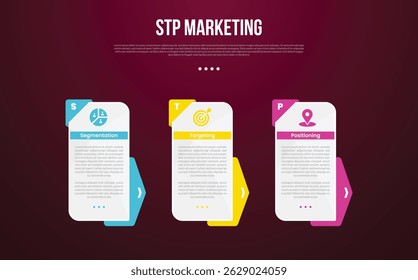 STP marketing infographic template with rectangle box vertical and arrow badge background with dark background style with 3 point for slide presentation vector