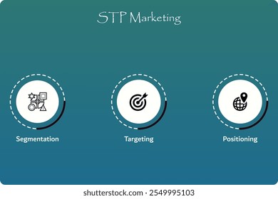 STP Marketing - Segmentación, Targeting, Posicionamiento. Plantilla de infografía con iconos y marcador de posición de descripción