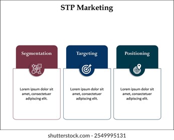 STP Marketing - Segmentación, Targeting, Posicionamiento. Plantilla de infografía con iconos y marcador de posición de descripción