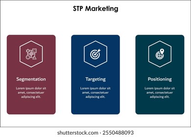 STP Marketing - Segmentación, Targeting, Posicionamiento. Plantilla de infografía con iconos y marcador de posición de descripción