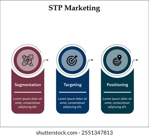 STP Marketing - Segmentación, Targeting, Posicionamiento. Plantilla de infografía con iconos y marcador de posición de descripción