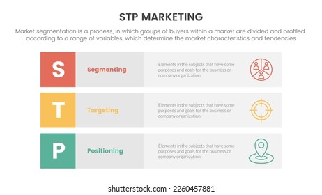 stp marketing strategy model for segmentation customer infographic with 3 block row rectangle content concept for slide presentation