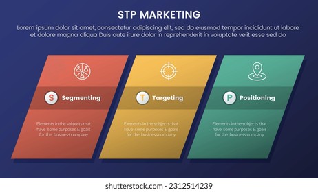 stp marketing strategy model for segmentation customer infographic 3 stages with rectangle skew or skewed and dark style gradient theme concept for slide presentation
