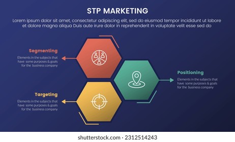 modelo de estrategia de marketing stp para segmentación infografía del cliente 3 etapas con forma de peine de abeja dirección vertical y concepto de tema de gradiente de estilo oscuro para presentación de diapositivas