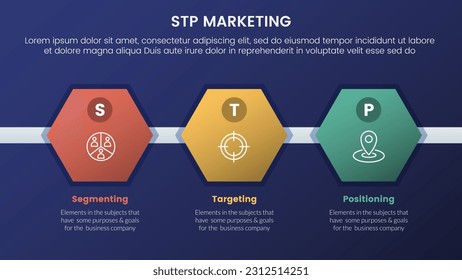 modelo de estrategia de marketing stp para segmentación infografía de clientes 3 etapas con forma de peine de abeja y concepto de tema de gradiente de estilo oscuro para presentación de diapositivas