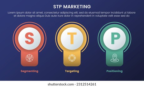 modelo de estrategia de marketing stp para segmentación infografía del cliente 3 etapas con forma de banner de círculo de insignia y concepto de tema de gradiente de estilo oscuro para presentación de diapositivas