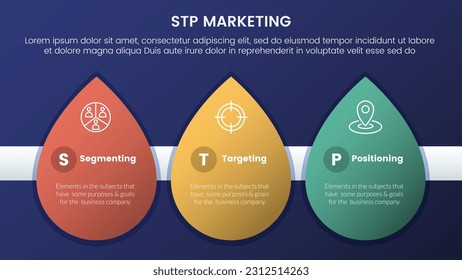 modelo de estrategia de marketing stp para segmentación infografía de clientes 3 etapas con forma de gota de agua y concepto de tema de gradiente de estilo oscuro para presentación de diapositivas