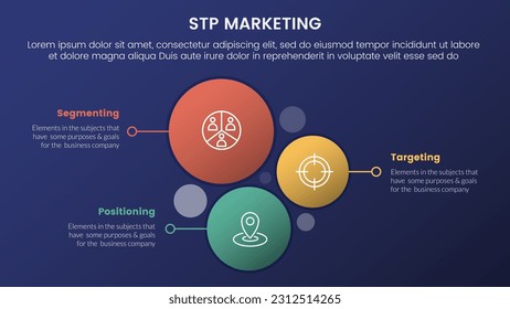 modelo de estrategia de marketing stp para segmentación infografía de clientes 3 etapas con dirección de círculo vertical y concepto de tema de gradiente de estilo oscuro para presentación de diapositivas