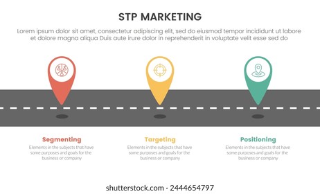 STP-Marketingstrategiemodell für Segmentierungs-Kunde-Infografik mit Tagging-Pin-Positionsmarkierung auf der Straße 3 Punkte für Diapräsentation