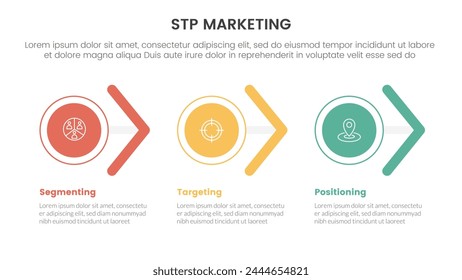 stp modelo de estrategia de marketing para la segmentación infografía del Cliente con forma de círculo y flecha dirección derecha 3 puntos para la presentación de diapositivas