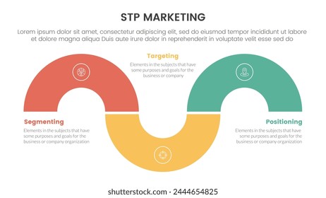 stp marketing strategy model for segmentation customer infographic with circular shape half circle up and down 3 points for slide presentation