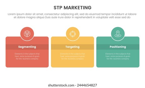 modelo de estrategia de marketing stp para infografía de Cliente de segmentación con caja redonda e insignia circular en el centro con dirección Horizontal 3 puntos para presentación de diapositivas