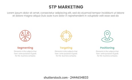 stp marketing strategy model for segmentation customer infographic with clean and simple information on horizontal direction 3 points for slide presentation
