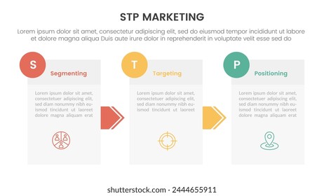 modelo de estrategia de marketing stp para infografía de Cliente de segmentación con información de caja y dirección de flecha 3 puntos para presentación de diapositivas