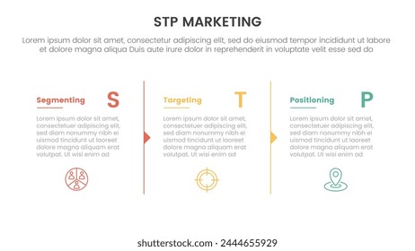 stp marketing strategy model for segmentation customer infographic with column separation with arrow outline 3 points for slide presentation