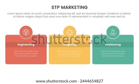 stp marketing strategy model for segmentation customer infographic with round box and circle badge on center with horizontal direction 3 points for slide presentation