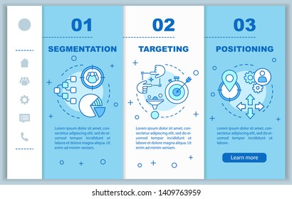 STP onboarding mobile web pages vector template. Market strategy. Responsive smartphone website interface idea with linear illustrations. Webpage walkthrough step screens. Color concept 