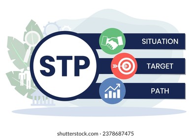 STP - situation target path. business concept background. vector illustration concept with keywords and icons. lettering illustration with icons for web banner, flyer, landing page, presentation