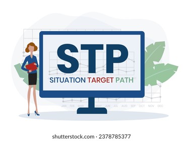 STP - situation target path. business concept background. vector illustration concept with keywords and icons. lettering illustration with icons for web banner, flyer, landing page, presentation