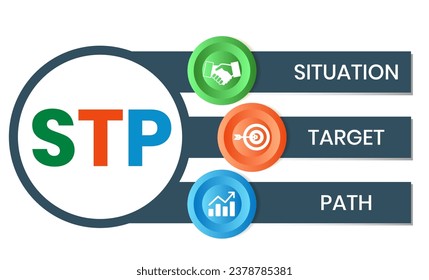 STP - situation target path. business concept background. vector illustration concept with keywords and icons. lettering illustration with icons for web banner, flyer, landing page, presentation