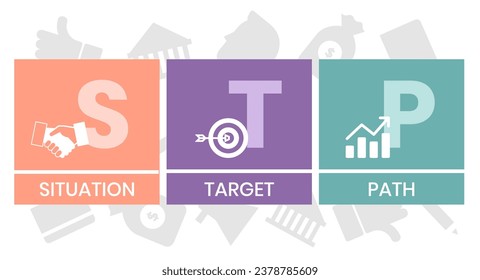 STP - situation target path. business concept background. vector illustration concept with keywords and icons. lettering illustration with icons for web banner, flyer, landing page, presentation