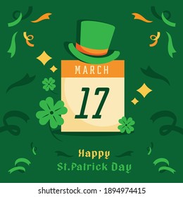 St.Patrick day calendar March 17 celebration with hat,clover and ribbon splash.