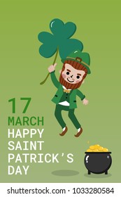 St.Patrick Day greeting card with cute character and pot of coins vector.