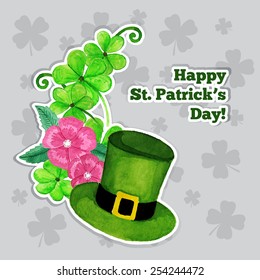 St.Patrick day greeting card with green hat, pink flowers and clover