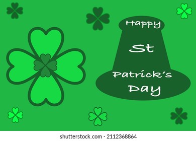 St.Patrick day postcard with Leprechaun’hat and cover leaves.Vector illustration.