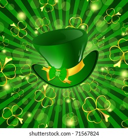 St.Patrick day theme: hat with bow over green background with shamrocks