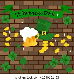 St.Patrick with gold coins, a green hat and a glass of beer. Against the background of a brick wall
