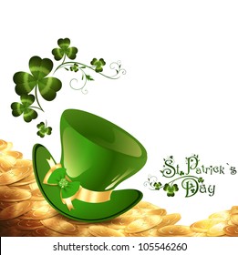 St.Patrick holiday background with gold coins, green hat and shamrock over white