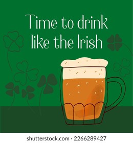 St.Patrick holiday illustration with stylized mug of beer on green background