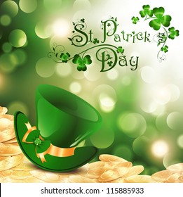 St.Patrick Holiday Theme With Gold Coins, Green Hat and Shamrock Over Bright Background