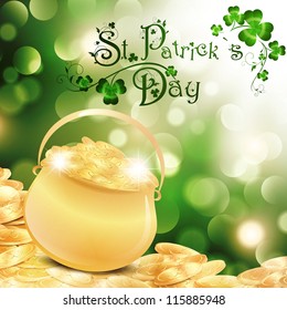 St.Patrick Holiday Theme With Gold Coins, Golden Pot and Shamrock Over Bright Background