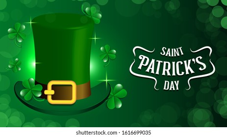 St.Patrick Holiday Theme With Gold Coins, Green Hat and Shamrock Over green Background