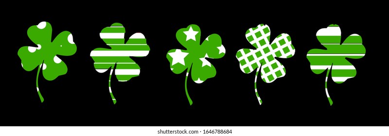 St.Patrick 's Day. Background, clover and shamrock. Elements for design isolated on black background.