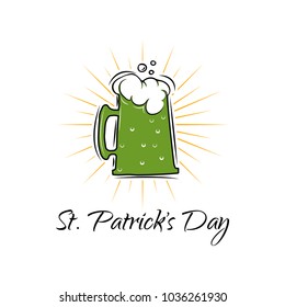 St.Patrick s Day banner with beer mug in beams. Vector illustration isolated on white background.