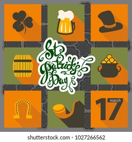 St.Patrick 's Day. Beautiful letters. Background of leaves of clover
