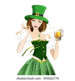 St.Patrick 's Day. Beautiful red-haired girl holding a beer in her hand. Vector illustration.