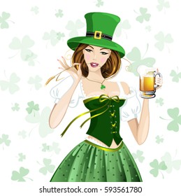 St.Patrick 's Day. Beautiful red-haired girl holding a beer in his hand. Vector illustration.