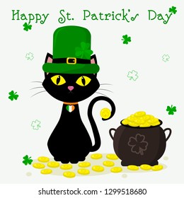 St.Patrick 's Day. A black cat in green caps of a leprechaun, a kettle with gold coins, a clover. Cartoon style, flat design. Vector illustration.