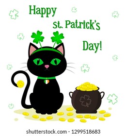 St.Patrick 's Day. Black cat with green eyes in a headband with a clover, a kettle with gold coins, a clover. Cartoon style, flat design. Vector illustration.