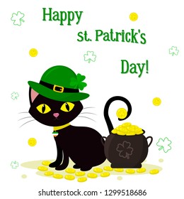 St.Patrick 's Day. A black cat in green caps of a leprechaun, a kettle with gold coins, a clover. Cartoon style, flat design. Vector illustration.