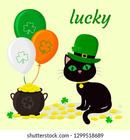 St.Patrick 's Day. A black cat in a green hat of a leprechaun, a pot of gold coins, three balloons, a clover. Cartoon style, flat design. Vector illustration.