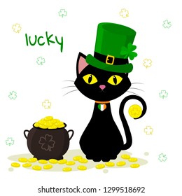 St.Patrick 's Day. A black cat in green caps of a leprechaun, a kettle with gold coins, a clover. Cartoon style, flat design. Vector illustration.