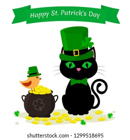 St.Patrick 's Day. Black cat in a green hat of a leprechaun, a kettle with gold coins and a bird in a green hat, clover. Cartoon style, flat design. Vector illustration.